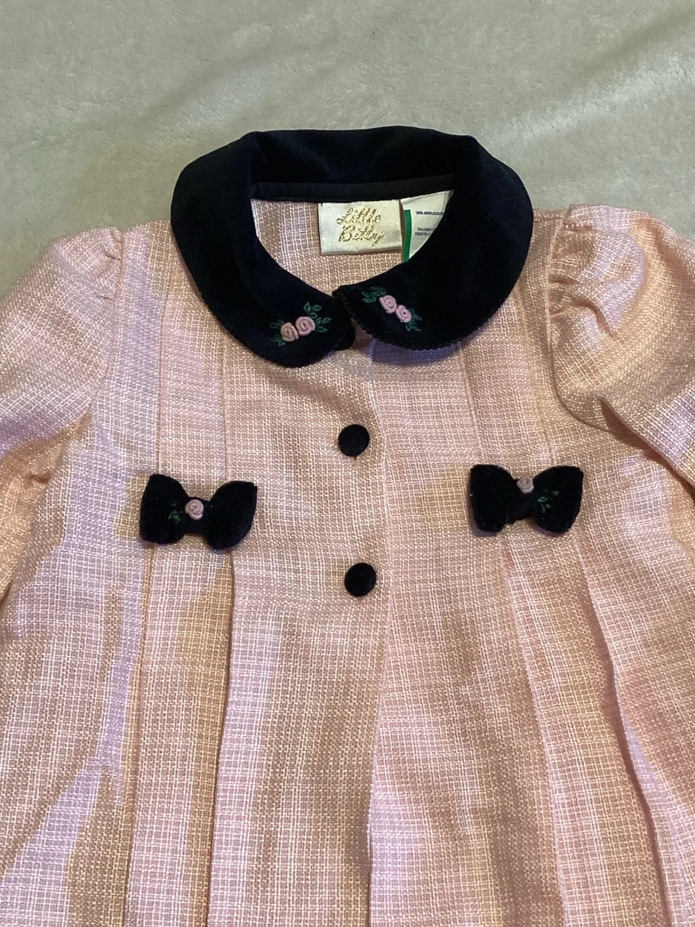 Girls Pink Tweed Pea Dress with Black Trim